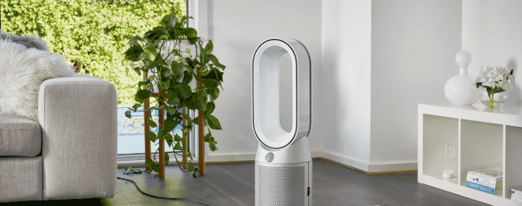 Dyson Purifier Hot+Cool™ White/Silver in a sunny living area