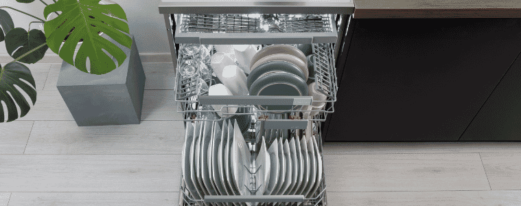 Hisense black steel dishwasher in a modern kitchen