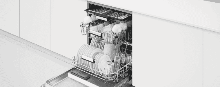 The Fisher & Paykel 60cm Stainless Steel Dishwasher in a white kitchen.