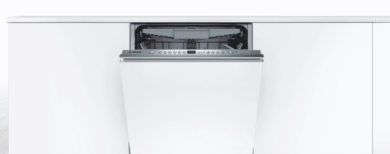 The Miele Fully Integrated Clean Steel Dishwasher integrated into the white cabinets of a kitchen.