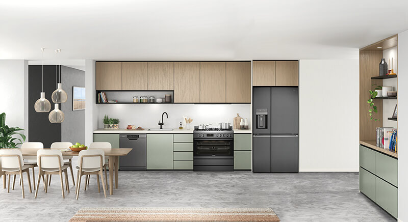 Modern natural toned kitchen with stainless steel freestanding oven