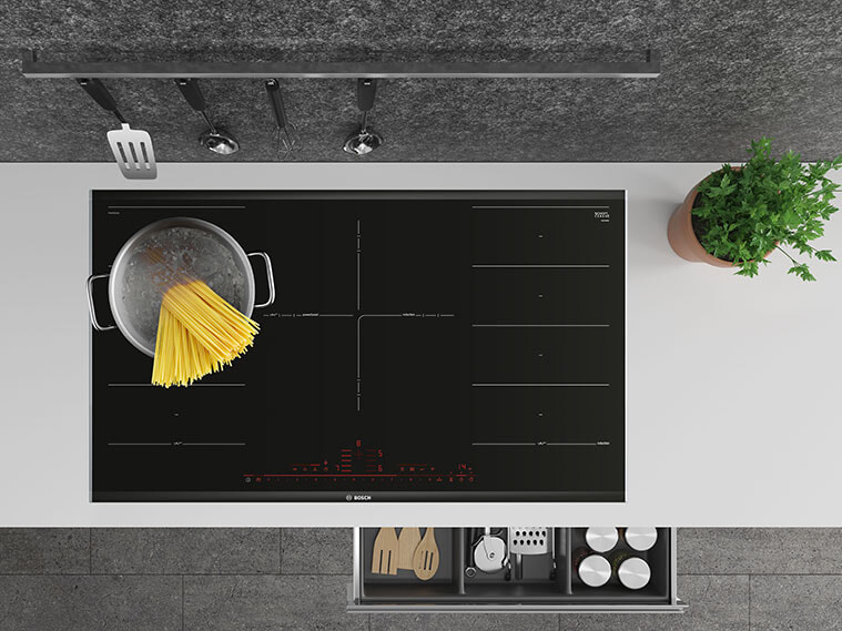 Aerial shot of a beautiful Bosch Cooktop in a modern kitchen