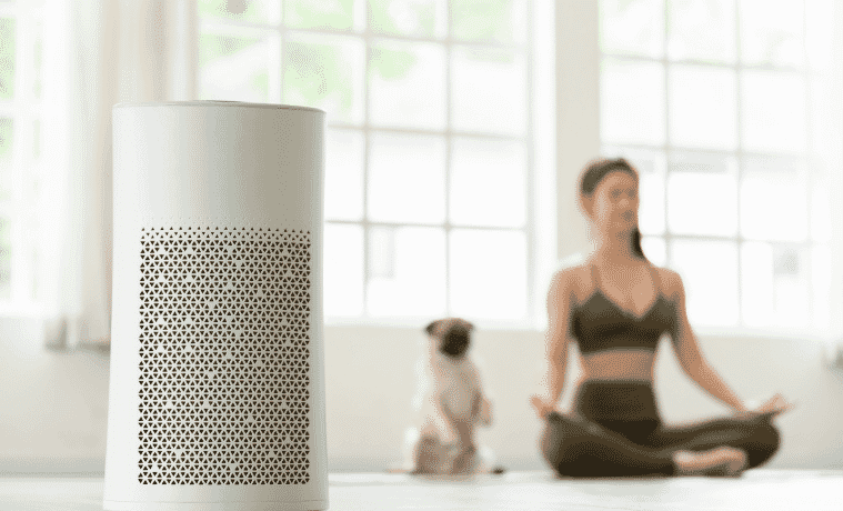 Air Purification Cooler with woman and dog doing yoga