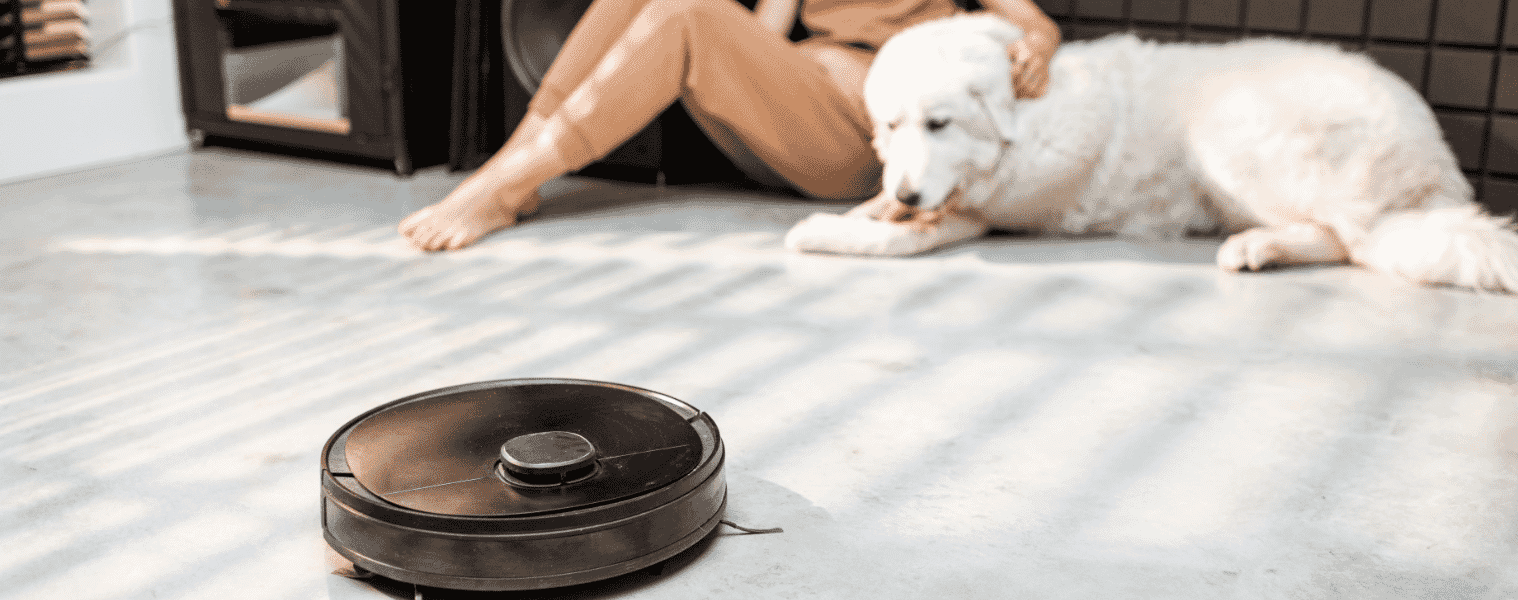 Robot vacuum cleans pet hair whilst owner relaxes
