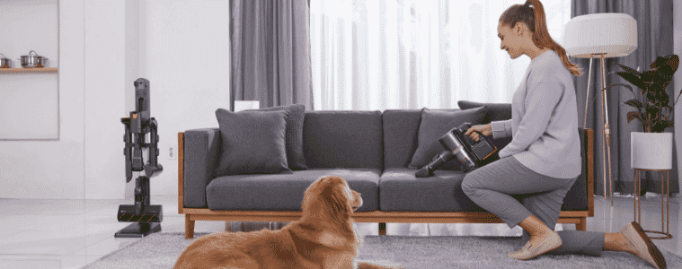 A lady vacuuming her couch next to her dog using the LG handstick vacuum