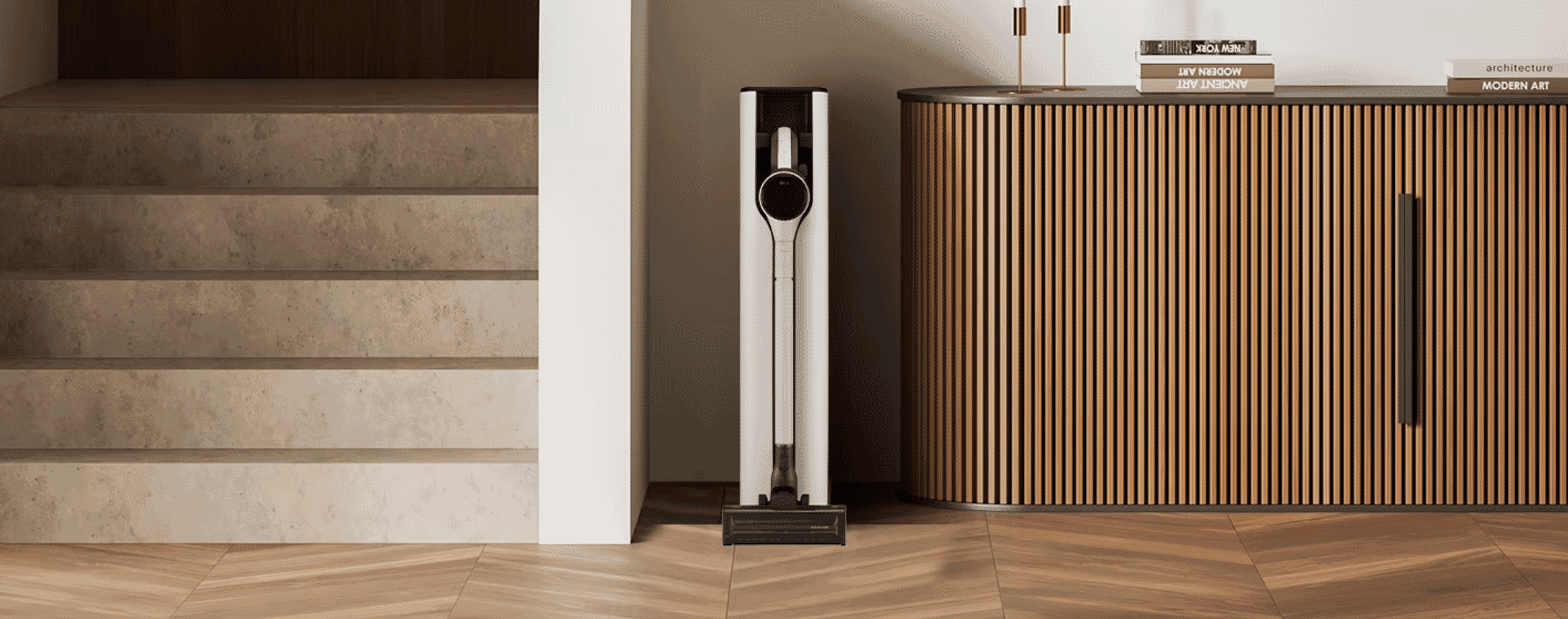 LG vacuum placed in modern living room