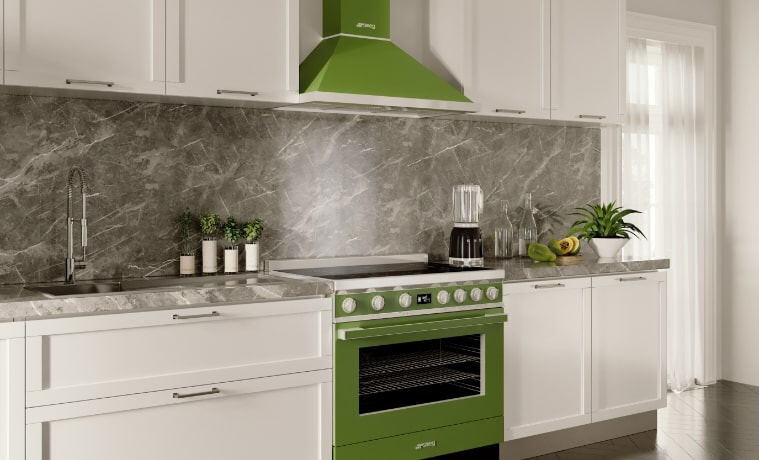 A green Smeg Portofino freestanding cooker in a white neutral straight line kitchen.