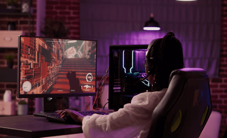 Gamer enjoying playing video games in their awesome Gaming room setup