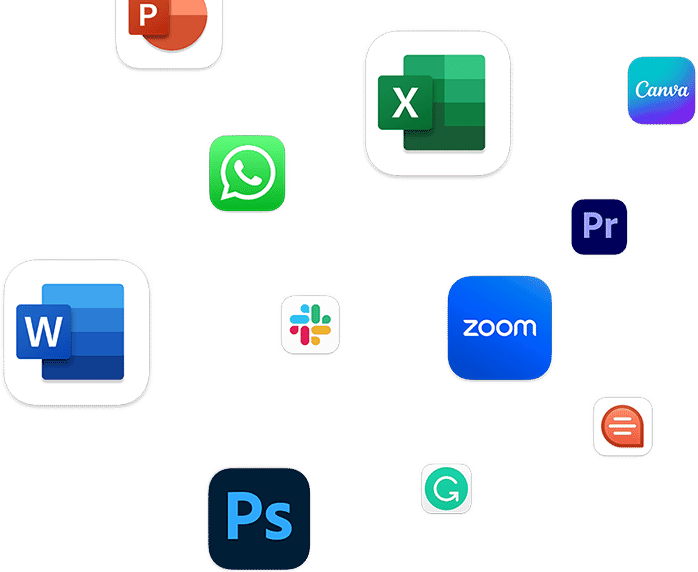 Showcasing compatibility with apps like Microsoft PowerPoint, WhatsApp Desktop, Microsoft Excel, Canva: Design, Photo & Video, Adobe Premiere Pro, Microsoft Word, Slack for Desktop, Zoom, Adobe Photoshop, Grammarly: Writing App and Quip.