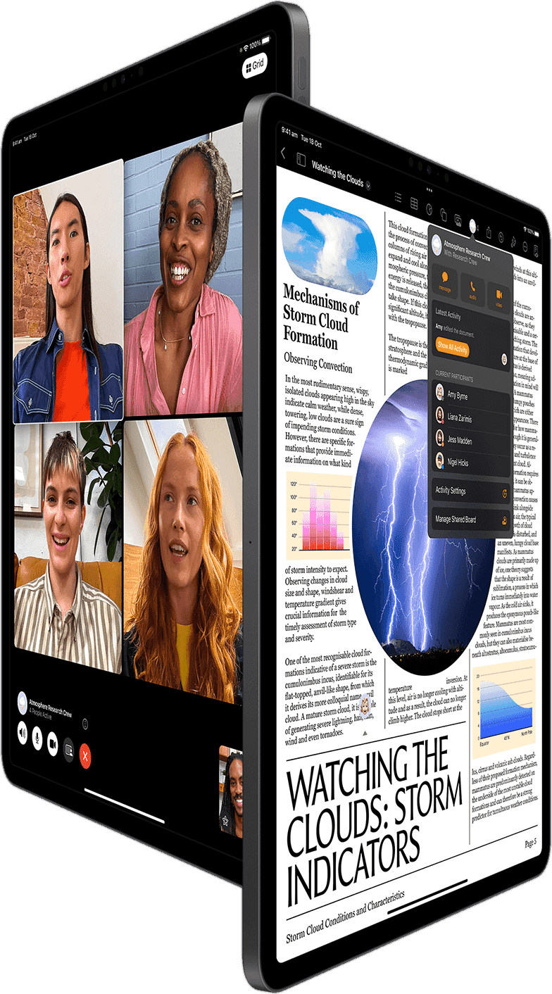 Group FaceTime and Collaboration in Pages shown on two iPad Pro devices.