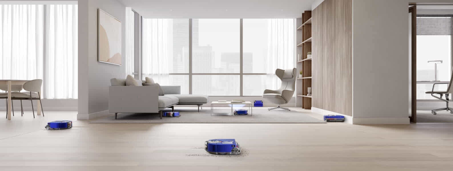 Dyson robot vacuum showcasing how it can clean multiple spots in the one living room.
