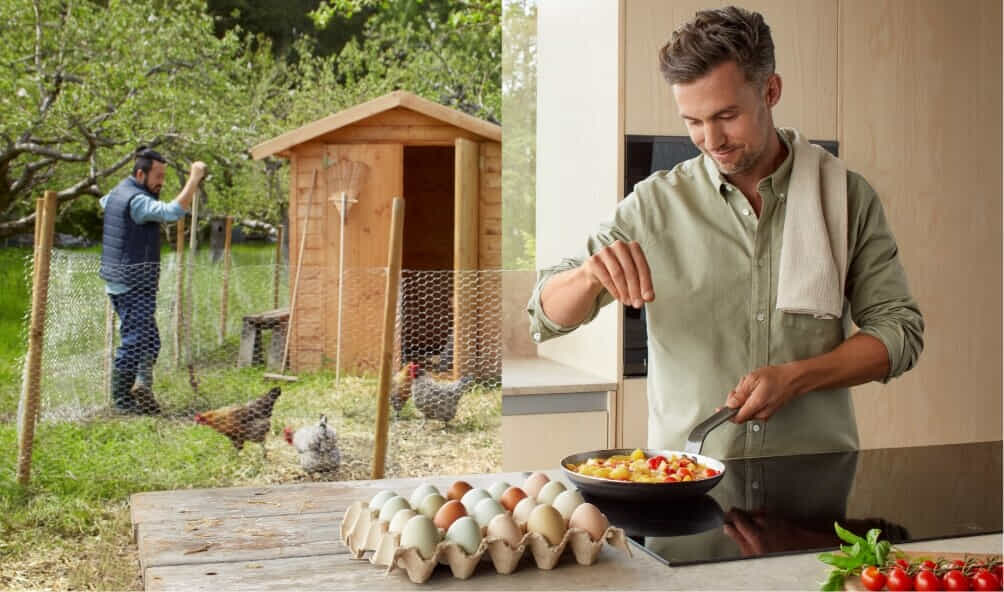 Man cooking a meal in his kitchen using eggs and tomatoes.