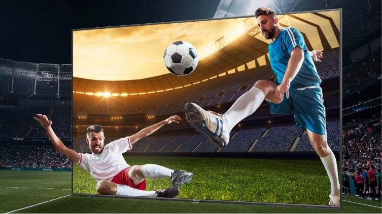 Two men playing soccer in a Hisense Television