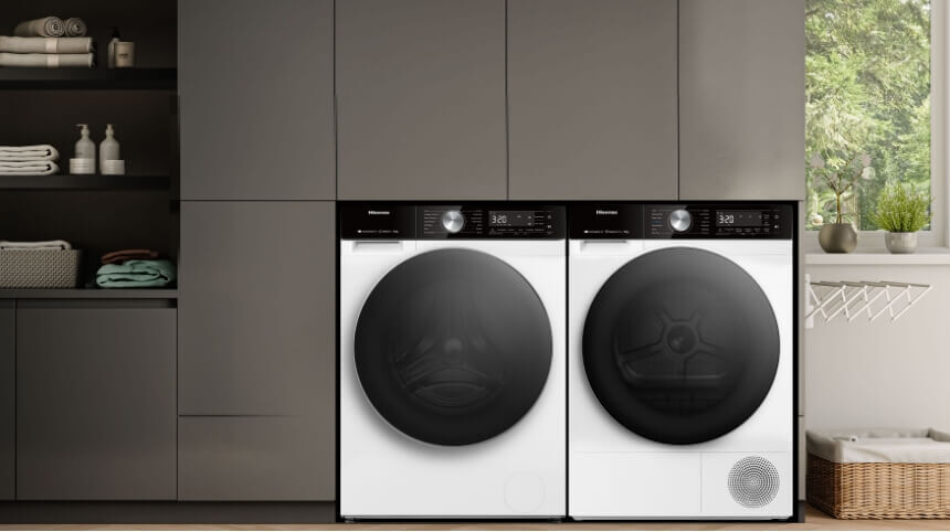 NEW Hisense Series 7 Laundry duo in white and black in a grey laundry