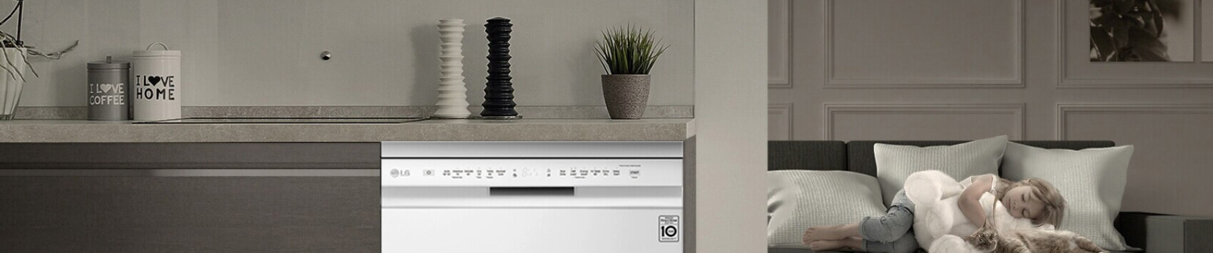 An LG QuadWash Dishwasher in a neutral, modern kitchen.