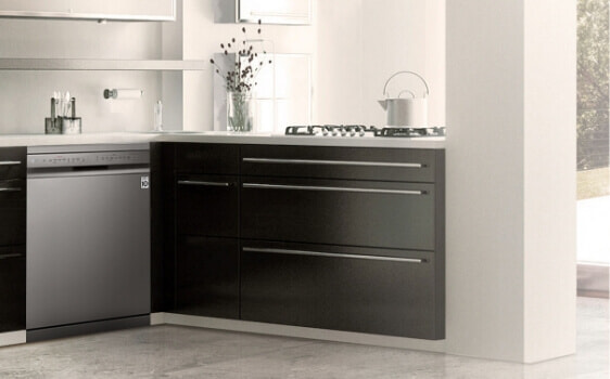 An LG QuadWash dishwasher in a modern kitchen