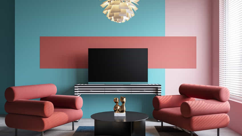 New We. By LOEWE TV and speaker in pink and blue lounge room.  | The Good Guys