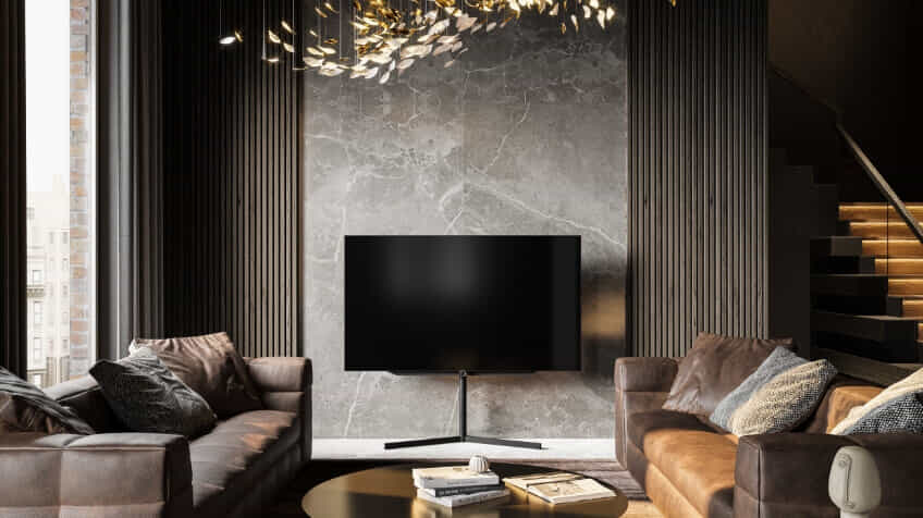 Dark luxe living room featuring the exclusive LOEWE Bild S.77 TV | The Good Guys