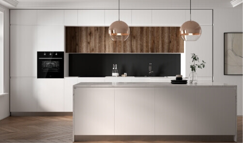 Solt Cooking appliances featured in modern white, black and timber kitchen with pendant lights.