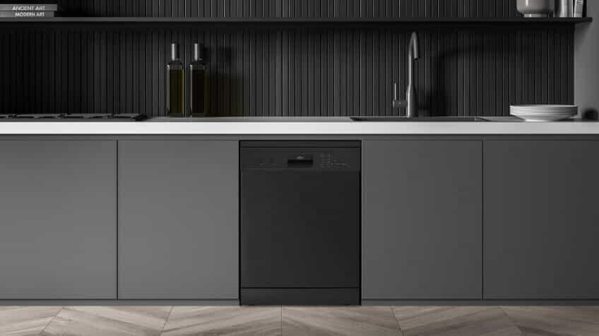 Solt Matte Black Dishwasher in all black kitchen. 