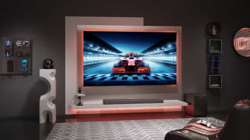 A racing sport game is displayed on a TCL gaming TV