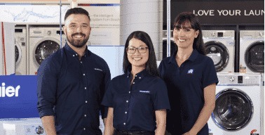 3 The Good Guys team members wearing their uniform and standing in a The Good Guys store.| The Good Guys