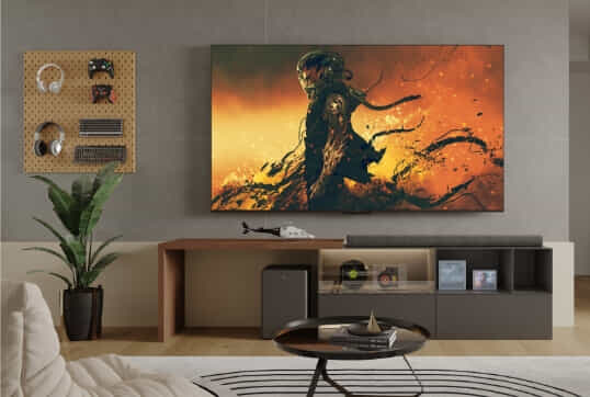 A video game character is displayed on a TCL TV in a modern living room.