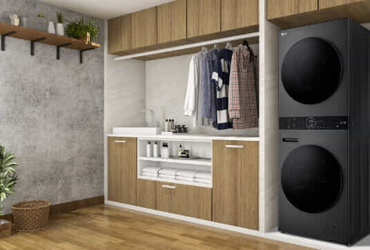 New WashTower perfectly fitting into a small laundry.