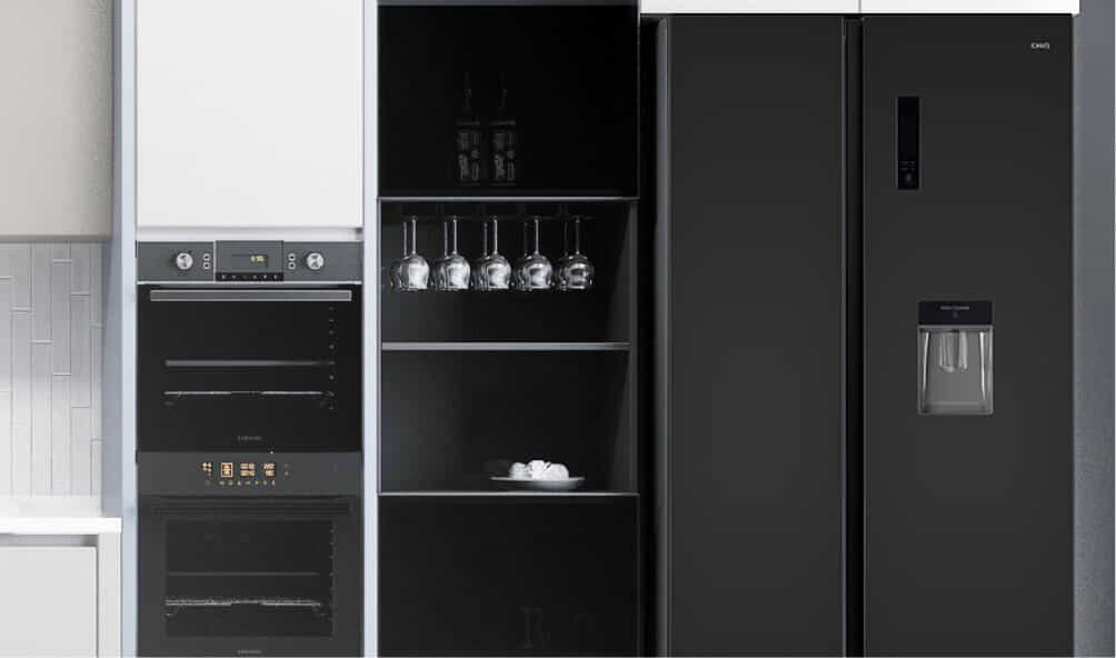 The black 202L Top Mount CHiQ fridge sits in a blue kitchen overlooking a cityscape.