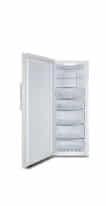 A white CHiQ fridge in a bright and airy white kitchen.
