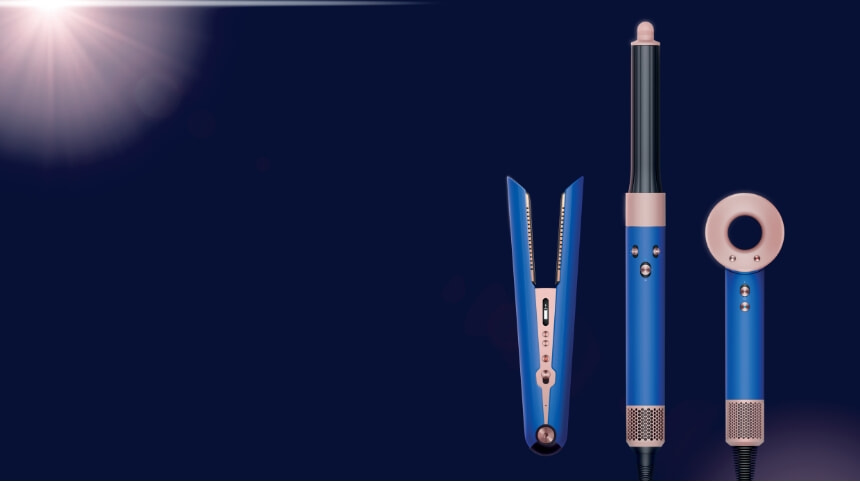 Dysons suite of Holiday Haircare range in blue blush.