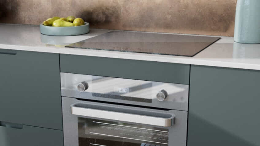 Haier mid grey cooktop with the Haier mid grey oven in a kitchen