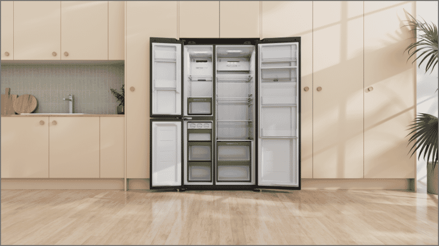 Haier 3 door Fridge with all doors open in a modern kitchen