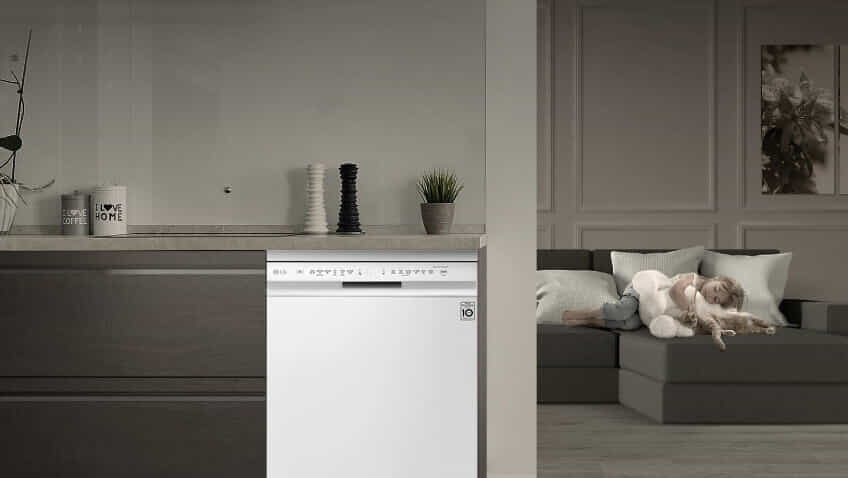 Girl falls asleep which LG QuadWash cleans as it is so quiet.