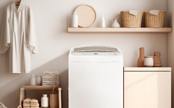 White top load washing machine in white and timber European laundry.