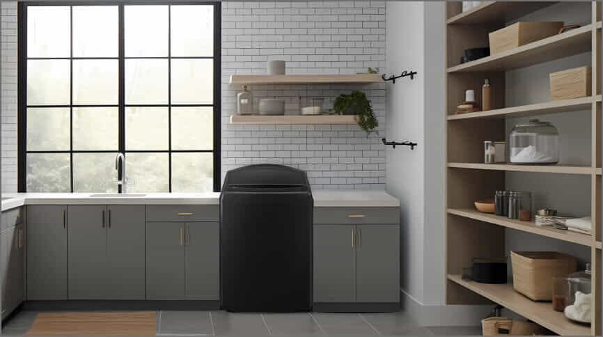 All black top load washing machine in green and timber laundry.