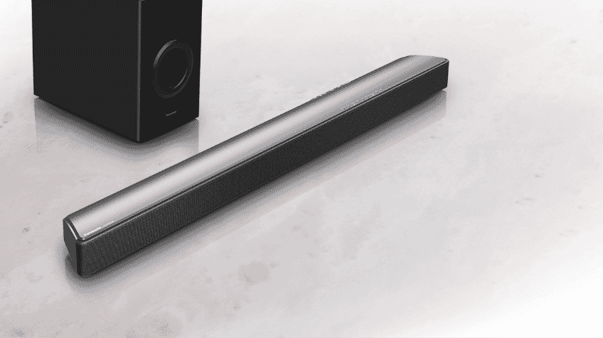 A Panasonic sound bar and Subwoofer on a marble background | The Good Guys