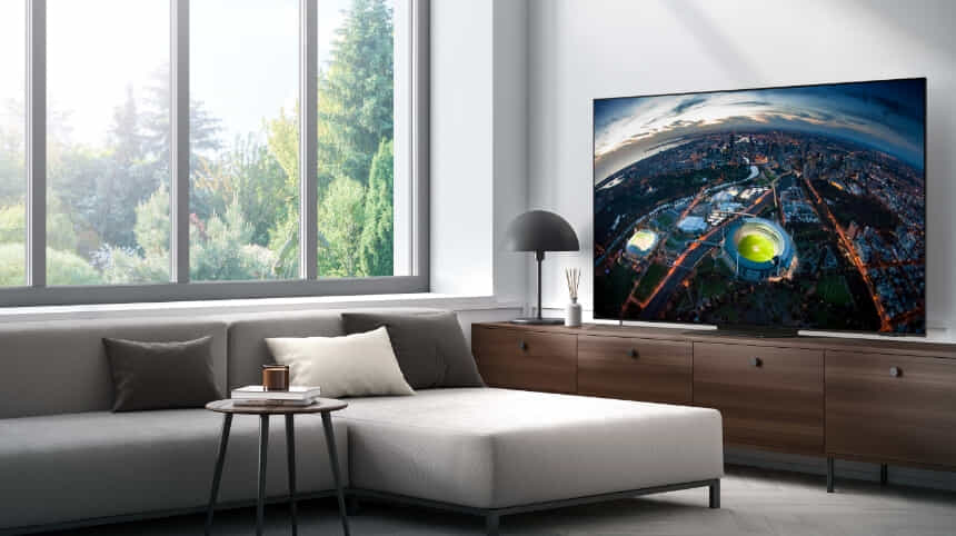 An aerial shot of the MCG on a Samsung TV in a modern living room.