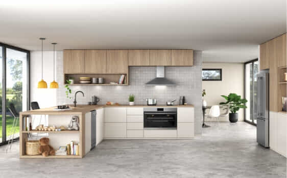 A white and grey kitchen with Westinghouse kitchen appliances.