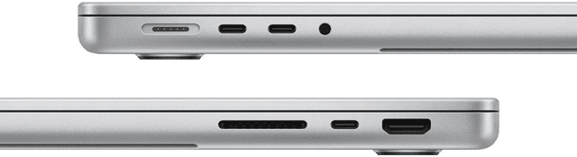 Side view of 14-inch MacBook Pro with M3 Pro chip showing ports: left side, MagSafe port, two Thunderbolt 4 ports and headphone jack; right side, SDXC card slot, one Thunderbolt 4 port and HDMI port