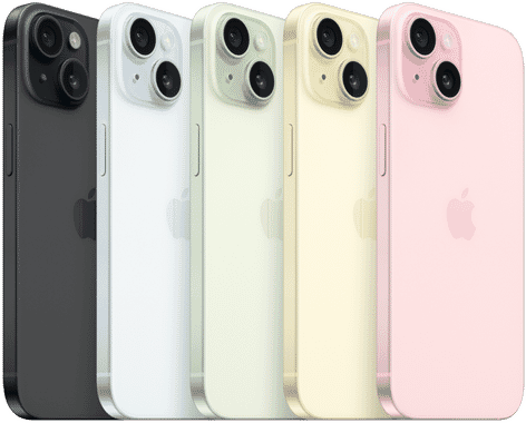 iPhone 15, back view showing advanced camera system and colour-infused glass in all finishes: Black, Blue, Green, Yellow, Pink.