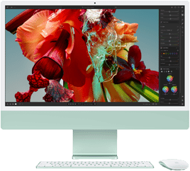 iMac screen showing a colourful flower seen in Adobe Lightroom to demonstrate the colour range and resolution of the 4.5K Retina display.