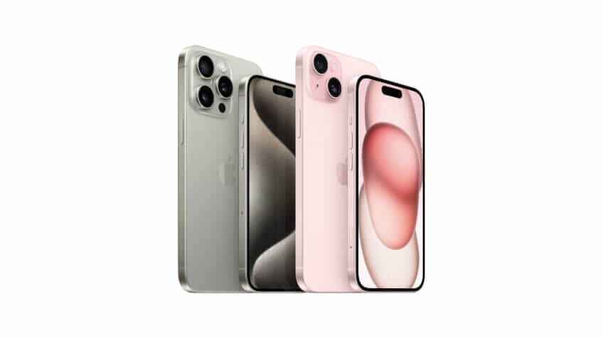 The iPhone 15 Pro lined up with all colours from left to right: Black, white, blue, and silver