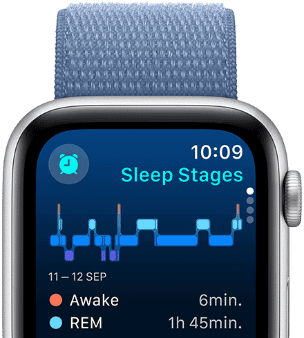 Sleep app screen displaying Sleep stages, minutes awake, and minutes in REM sleep.