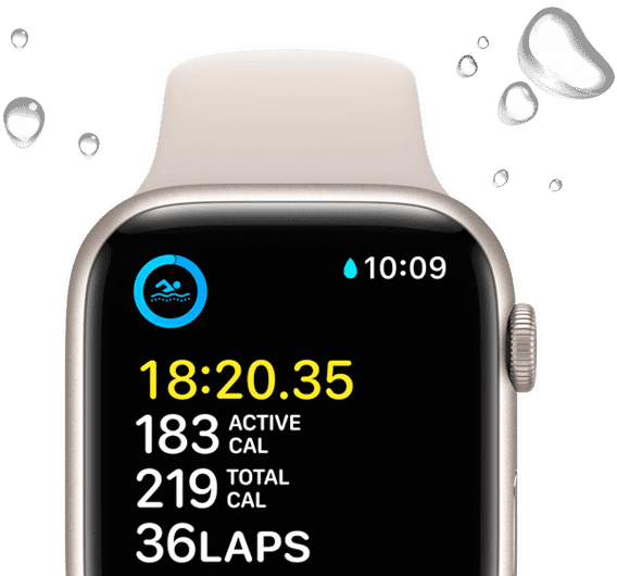 Apple Watch SE displaying a swim workout screen with water droplets framing the device.