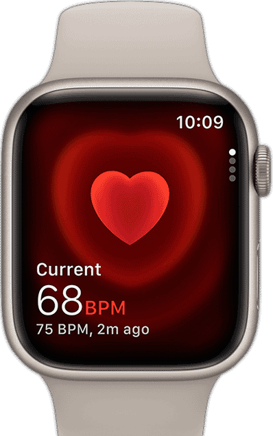 A front view of the Apple Watch showing someone's heart rate.