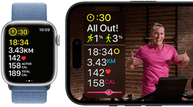 Workout metrics shown on Apple Watch and an Apple Fitness+ workout on iPhone