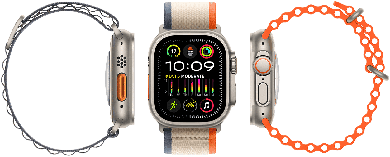 Apple Watch Ultra 2 showing compatibility with three different band types, large display, rugged titanium case, orange Action button and Digital Crown