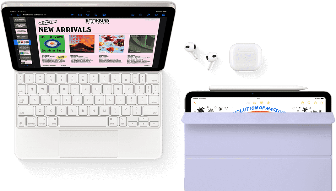 iPad Air attached to Magic Keyboard, with AirPods Pro, Apple Pencil Pro, and Smart Folio accessories