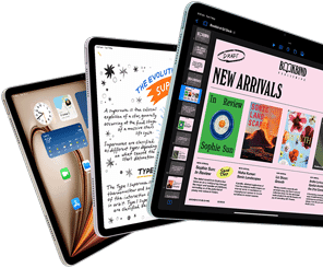 Three iPad Air displays showing iPadOS and app features